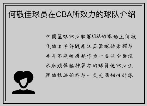 何敬佳球员在CBA所效力的球队介绍