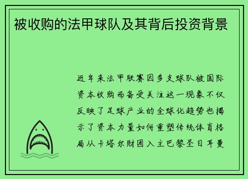 被收购的法甲球队及其背后投资背景
